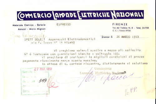 1953 FIRENZE Commercio LAMPADE ELETTRICHE Nazionali * Fattura intestata