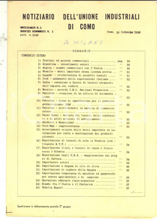 1956 COMO UNIONE INDUSTRIALI Accordi commerciali internazionali *Notiziario nÂ° 3  CONDIZIONI: fair    originale e autentica 1