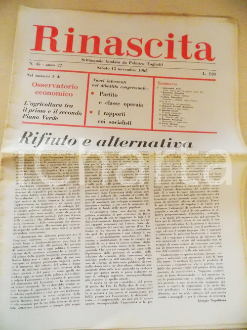 1965 RINASCITA Comunisti, socialisti e DC nel Veneto *Settimanale anno XXII nÂ°45  DATA: 13 novembre 1965CONDIZIONI: fair (ma profonda piegatura centrale coeva con ingiallimenti in corrispondenza).    originale e autentica 1