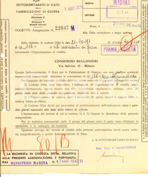 1942 WW2 FABBRICAZIONI DI GUERRA Richiesta ditta REDAELLI di MILANO per viti