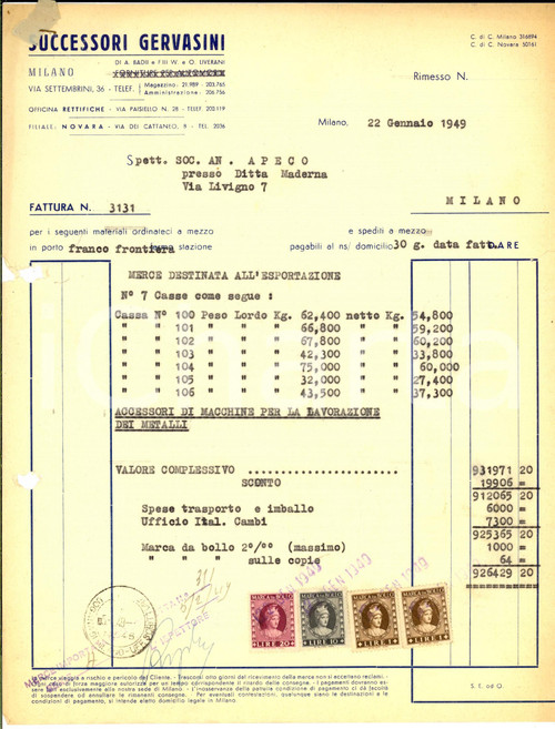 1949 MILANO Ditta SUCCESSORI GERVASINI Macchine per metalli *Fattura intestata