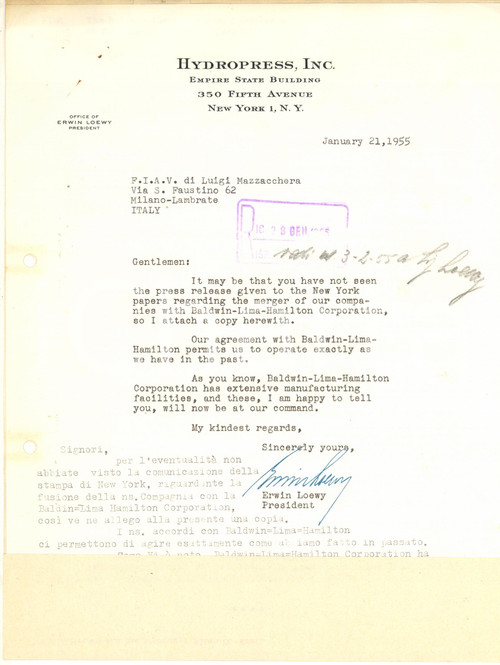 1955 NEW YORK Lettera HYDROPRESS inc. su fusione BALDWIN-LIMA-HAMILTON