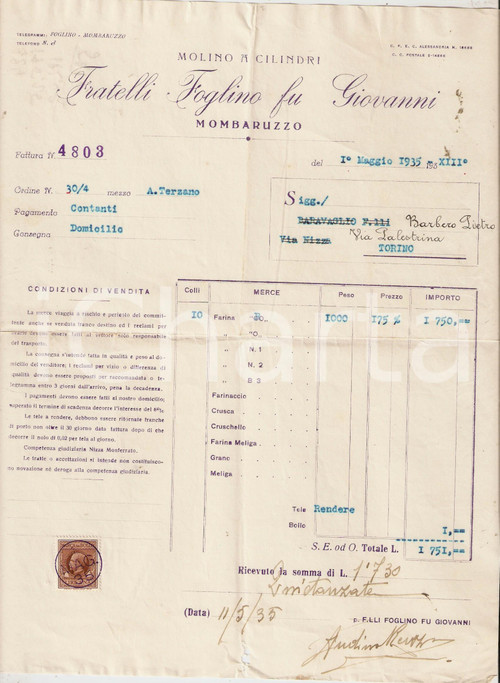 1935 MOMBARUZZO (AT) Molino a cilindri Fratelli FOGLINO fu Giovanni *Fattura