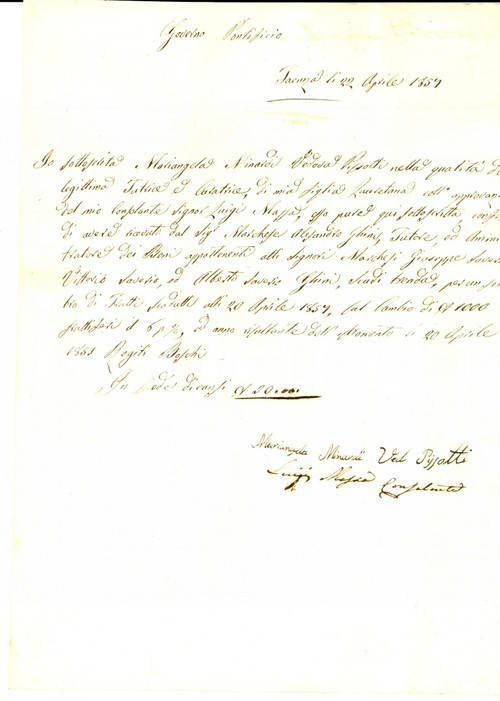 1854 FAENZA Ricevuta vedova Margherita MINARDI al marchese Alessandro GHINI