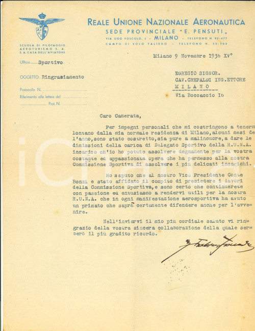 1936 MILANO Reale Unione AERONAUTICA PENSUTI Ringraziamenti a Ettore CREPALDI