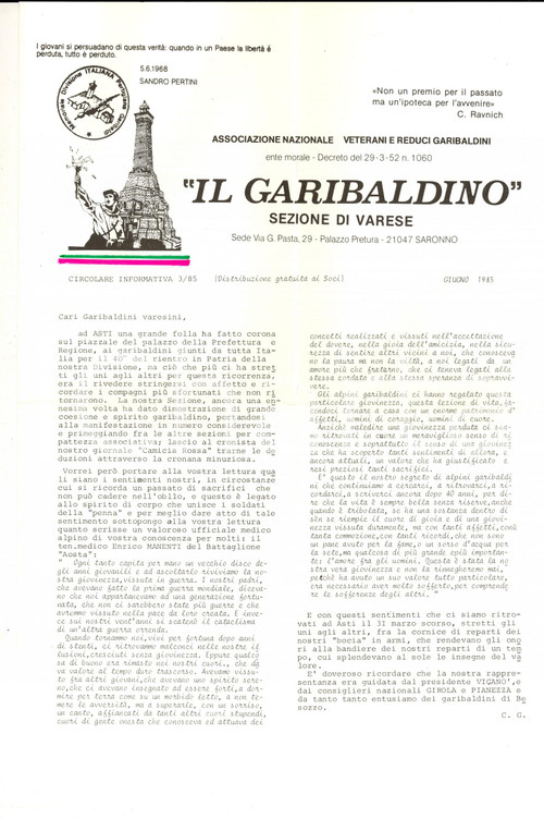 Giugno 1985 VARESE IL GARIBALDINO Raduno Nazionale Asti *Bollettino REDUCI