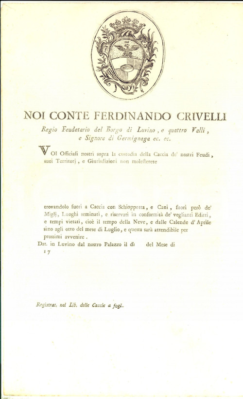 1770 ca LUINO (VA) Licenza di caccia con schioppetta e cani *NON COMPILATO