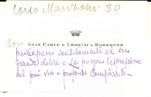 1930 ca MILANO Biglietto da visita Gian Carlo e Lodovica BORROMEO *Autografo