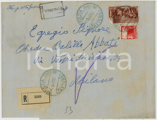 1947 STORIA POSTALE VENEZIA Busta raccomandata L. 3 + L. 20 giuramento Pontida