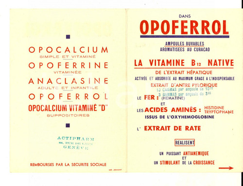 1950 ca PARIS Laboratoires de l'OPOCALCIUM *Pubblicità farmaceutica OPOFERROL