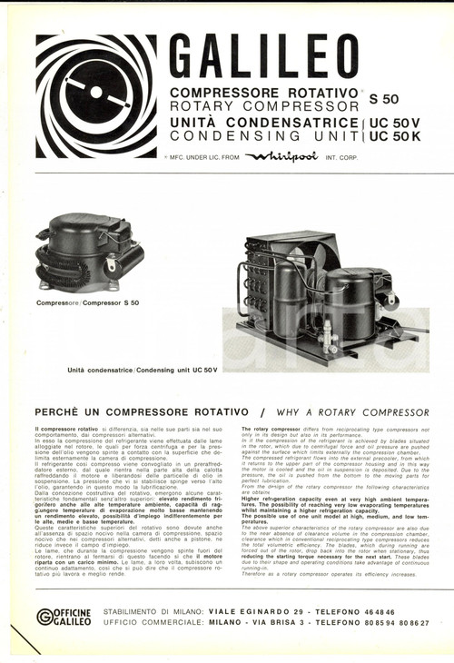 1969 OFFICINE GALILEO Compressore ROTATIVO S 50 Unità condensatrice 50 V (1) CONDIZIONI: GPAGINE: 4  originale e autentica 1