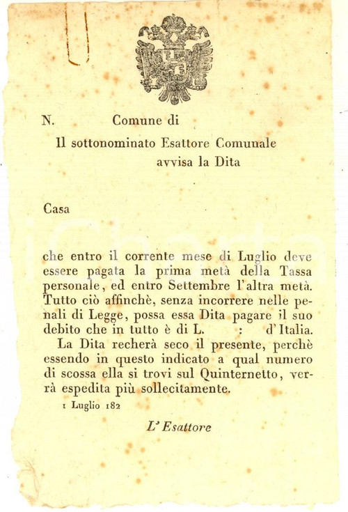 1820 ca REGNO LOMBARDO-VENETO Avviso di pagamento dell'imposta personale