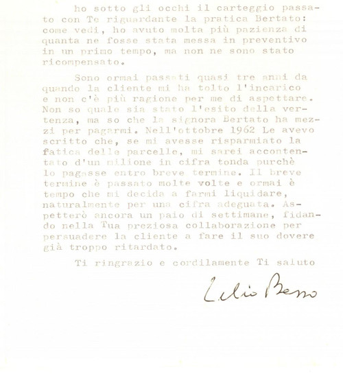1964 MILANO On. Lelio BASSO chiede saldo delle proprie competenze *AUTOGRAFO