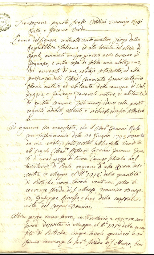 1804 PRATO SESIA Transazione e locazione di Carlo VERDA pro Vincenzo ROSSi