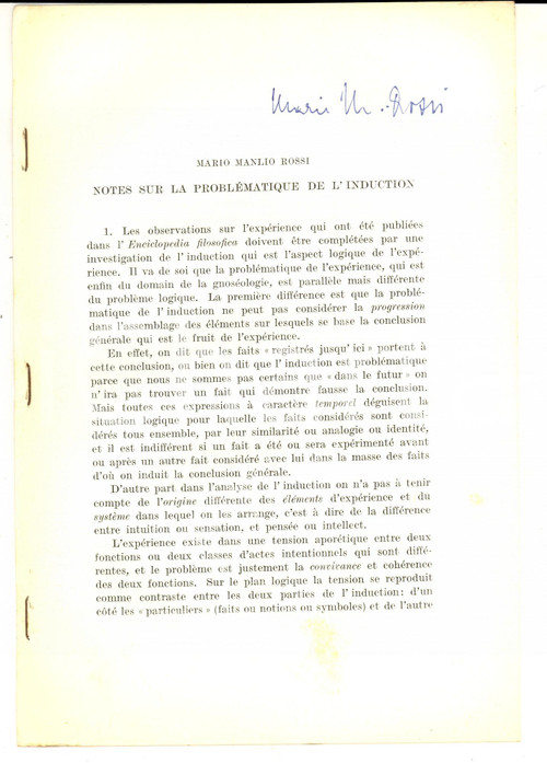 1960 Mario M. ROSSI Notes sur la problÃ©matique de l'induction *Invio AUTOGRAFO Pubblicazione d'epoca, con invio autografo, priva di copertina.CONDIZIONI: FAIRPAGINE: 10    originale e autentica 1