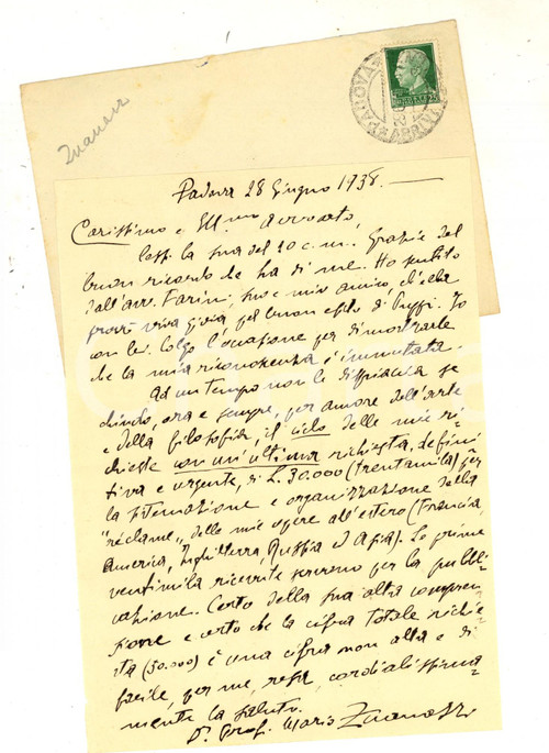 1938 PADOVA Prof. Mario ZUANAZZI reclama il proprio compenso - Lettera 