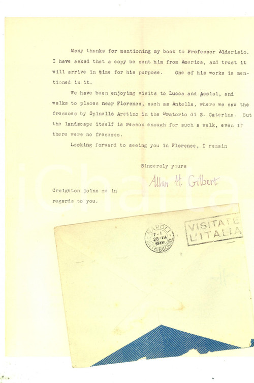 1939 FIRENZE Allan H. GILBERT dopo l'incontro con Giovanni PAPINI *Autografo