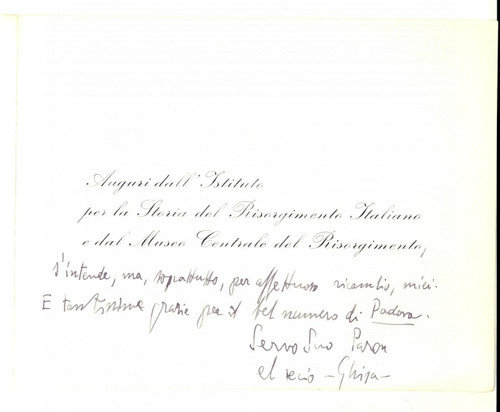 1980 ca ROMA Istituto Storia Risorgimento - Alberto Maria GHISALBERTI Autografo Biglietto con messaggio autografo.Quattro facciate, immagine al fronte che mostra la visita di Garibaldi a Manzoni.CONDIZIONI: G     originale e autentica 1