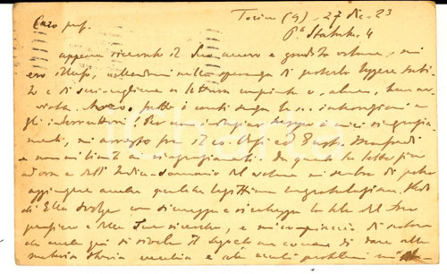 1923 TORINO Vittorio CIAN ringrazia un collega per il volume inviato AUTOGRAFO Cartolina postale interamente autografa del noto politico e studioso.CONDIZIONI: FAIR (piegature marginali)     originale e autentica 1