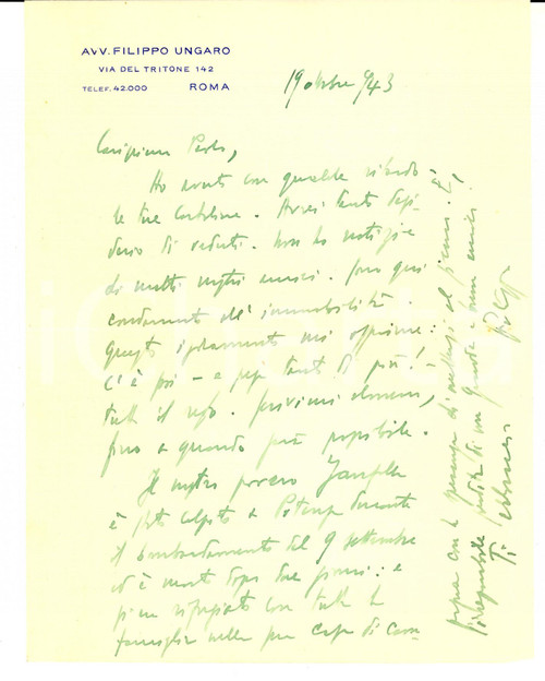 1943 ROMA Avv. Filippo UNGARO su un collega vittima di bombardamento - AUTOGRAFO Lettera interamente autografa del noto avvocato e politico. CONDIZIONI: FAIR    originale e autentica 1