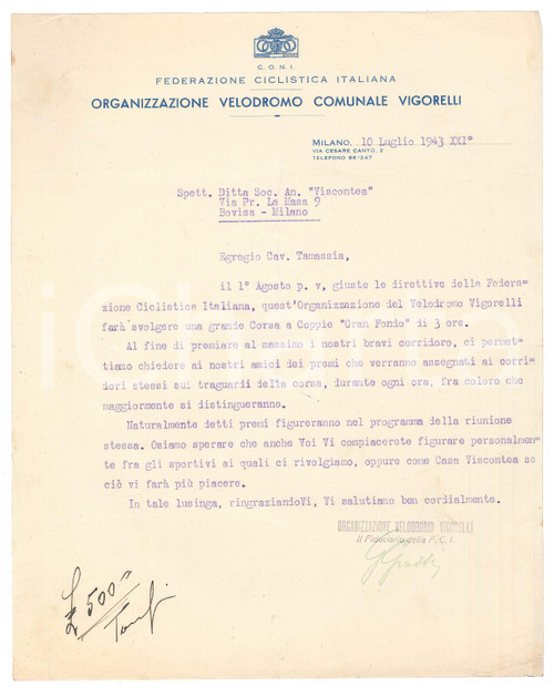 1943 CICLISMO C.O.N.I. MILANO Velodromo Vigorelli - Lettera ricerca sponsor