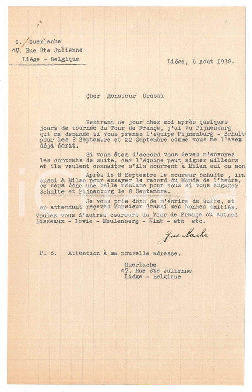 1938 LIEGI CICLISMO Guillaume GUERLACHE per ingaggio PIJNENBURG - SCHULTE