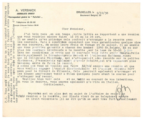 1938 BRUXELLES CICLISMO A. VERSNICK propone corridori per Milano *AUTOGRAFO