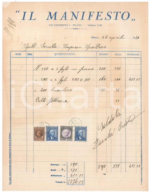 1940 MILANO Tipografia IL MANIFESTO - Fattura locandine CICLISMO