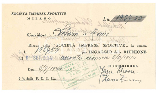 1940 CICLISMO MILANO Ricevuta Jean SCHORN Hans ZIMS ingaggio gara AUTOGRAFI