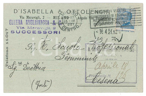 1921 MILANO Ditta D'ISABELLA E OTTOLENGHI Ellena MIGLIAVACCA Cartolina