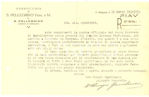 1943 SAN PELLEGRINO TERME Lettera don Nunzio GAMBIRASIO per nomina - AUTOGRAFO