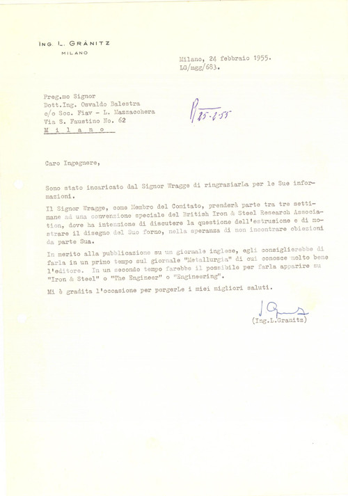 1955 MILANO Lettera ing. L. GRANITZ per nuovo forno - Autografo