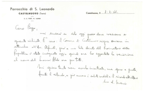 1966 CASTELNUOVO (TN) Parrocchia S. LEONARDO - Lettera don Mario *AUTOGRAFO Lettera interamente autografa, su carta intestata, del parroco.PAGINE: 1 FAIR/discreto piegature d'epoca  originale e autentica 1
