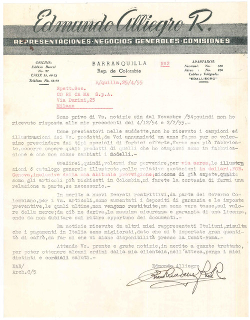 1955 BARRANQUILLA (COLOMBIA) Edmundo CILLIEGRO Negocios *Lettera commerciale Lettera commerciale dattiloscritta, con firma autografa, su carta intestata.PAGINE: 1 CONDIZIONI:FAIR/discreto piegature d'epoca originale e autentica 1
