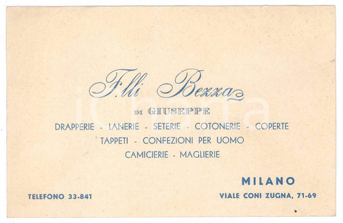 1940 ca MILANO Fratelli BEZZA Drapperie, lanerie, seterie - Biglietto da visita