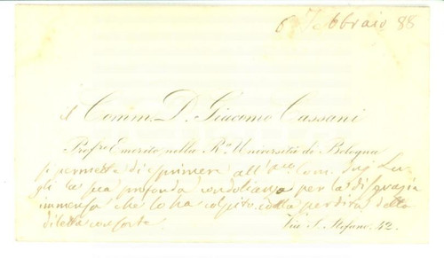 1888 BOLOGNA Condoglianze prof. Giacomo CASSANI - Biglietto da visita autografo