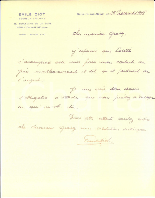 1938 CICLISMO NEUILLY-SUR-SEINE Lettera Emile DIOT per contratto - AUTOGRAFO