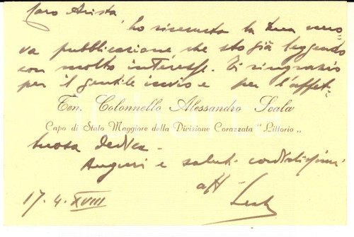 1940 MILANO Ten. Col. Alessandro SCALA - Biglietto da visita AUTOGRAFO