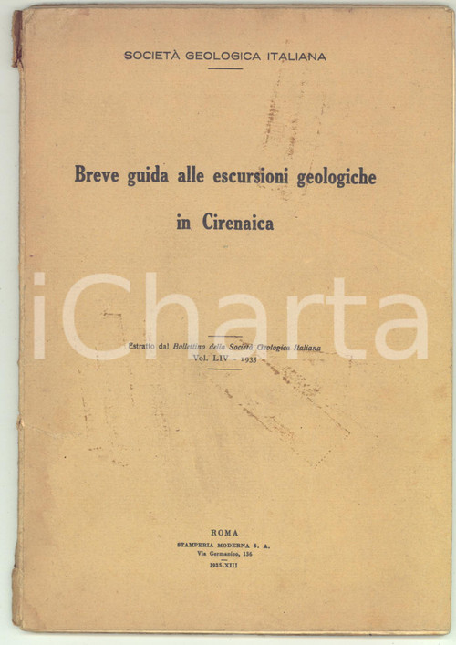 1935 SOCIETA' GEOLOGICA ITALIANA Guida alle escursioni geologiche in Cirenaica Pubblicazione d'epoca, illustrata b/n.PAGINE: 82 + 1 tavola ripiegata fuori testoCONDIZIONI: POOR (buone condizioni interne, ma copertina danneggiata da sbrecciature al dorso, macchie in copertina e tracce di umidit&agrave;)FORMATO: 17x24 cmEDITORE: Roma - Stamperia Moderna    originale e autentica 1