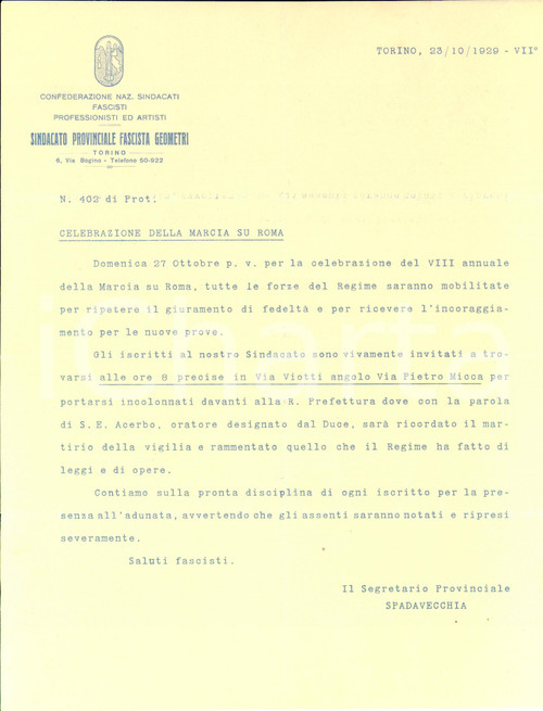 1929 TORINO Sindacato Fascista GEOMETRI Lettera per celebrazione Marcia su Roma