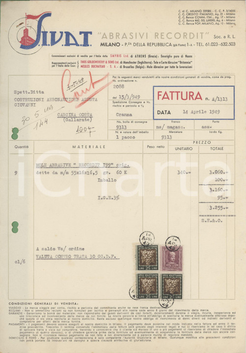 1949 MILANO P.zza della Repubblica 1/A - SIVAT Abrasivi RECORDIT - Fattura