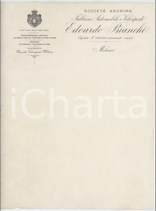 1920 ca MILANO Edoardo BIANCHI Fabbrica automobili e velocipedi *Carta intestata