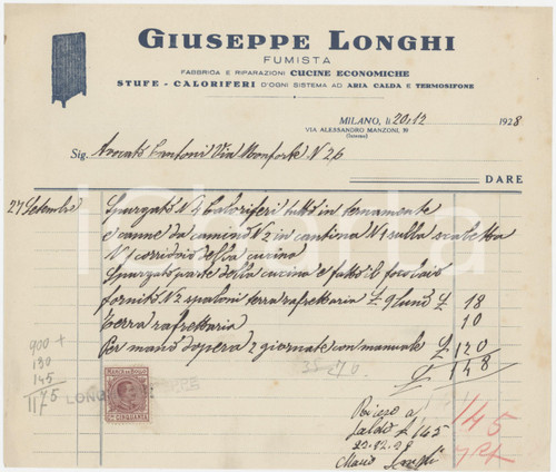 1928 MILANO Via A. Manzoni 39 - Giuseppe LONGHI Riparazione caloriferi - Fattura