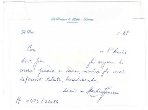 1988 ROVIGO Biglietto mons. Martino GOMIERO vescovo - Auguri - AUTOGRAFO