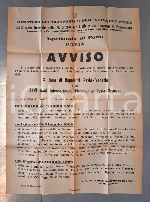 1966 PAVIA Ispettorato di Porto - Avviso Raid Motonautico PAVIA-VENEZIA 60x88 cm