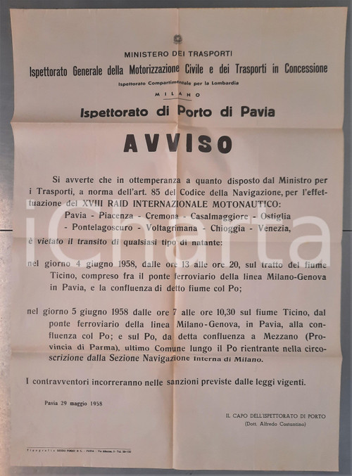 1958 PAVIA Ispettorato di Porto - Avviso Raid Motonautico PAVIA-VENEZIA 50x70 cm