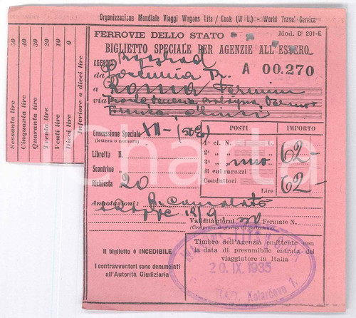 1935 FERROVIE DELLO STATO Biglietto speciale agenzie all'estero POSTUMIA-ROMA