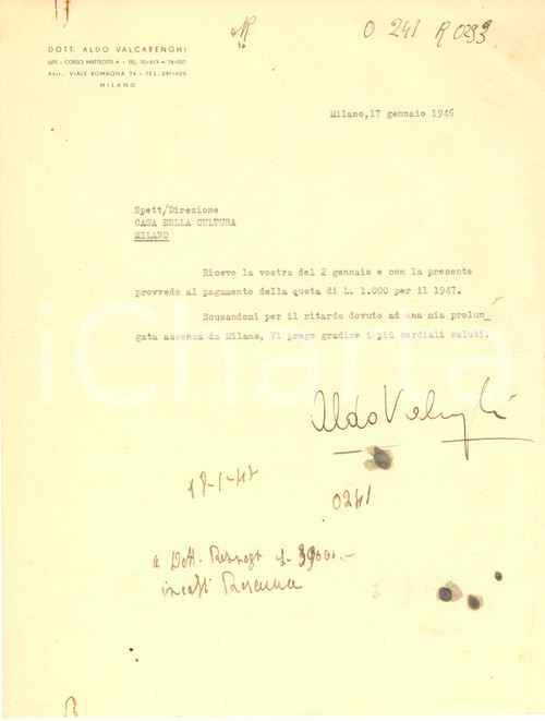 1946 MILANO Aldo VALCARENGHI - Associazione Casa della Cultura *AUTOGRAFO
