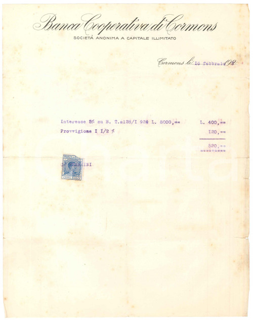 1923 CORMONS (GO) Banca Cooperativa di CORMONS - Documento commerciale