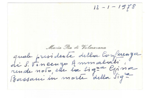 1978 PADOVA Maria Pia DI VALMARANA Biglietto da visita AUTOGRAFO 10x7 cm